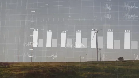 Wind farm receiving live sensor data and overlaying rising bar charts with Stock Footage 332591779
