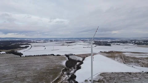 Wind Farm with Red-Tipped Blades on a Cloudy Winter Morning Stock Footage 301329853
