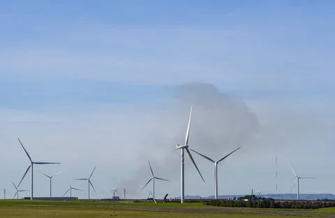 Wind farm with rows of turbines generating clean energy 스톡 사진