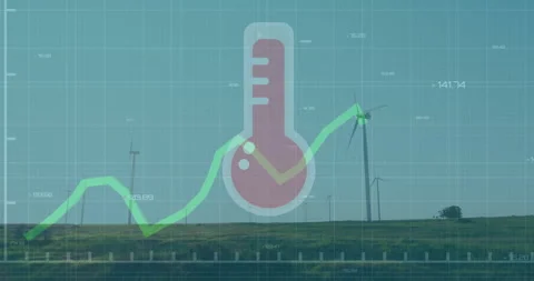 Wind farm scene featuring rising temperature graph with red thermometer icon and Stock Footage 307432851