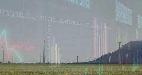Wind farm scene receiving live data feed, displaying animated bar and line Stock Footage 334114175