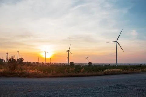 Wind farm with sunrise. Foto stock