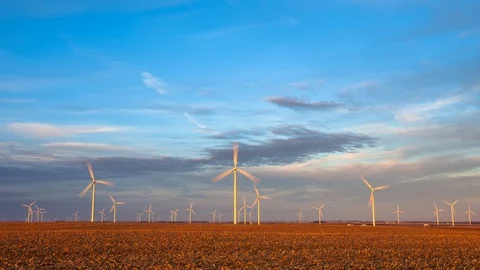Wind Farm at Sunset 3 - 4K Timelapse Stock Footage 97766086