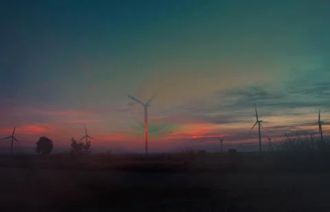 Wind farm at sunset. 스톡 사진
