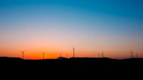 Wind Farm Sunset. Wind Turbines Silhouettes. Clean Alternative Renewable Energy. Stock Footage 49213504