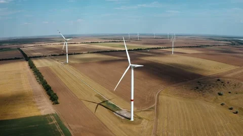 Wind farm top view. Alternative natural source, preservation of ecology. Видео 142316908
