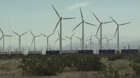 Wind Farm With A Train In The Foreground 스톡 동영상 19164126