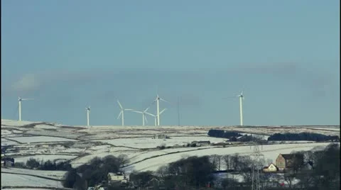 Wind farm in winter partially becalmed Stock Footage 20540743