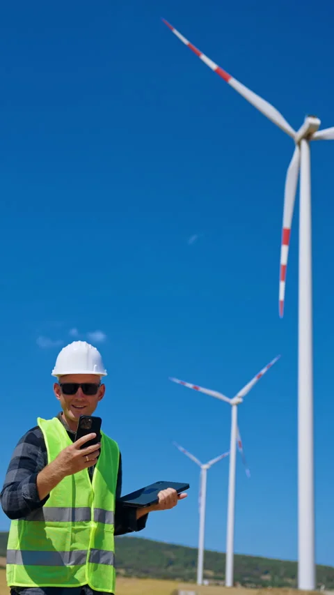 Wind farm worker checks data with tablet and phone on site. A worker in a safety Stock Footage 342738753