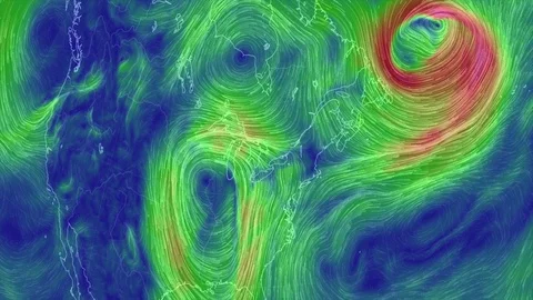 Wind fields around storms on weather radar and forecast model graphics Stock Footage 88529170