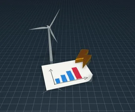Wind generator, flash symbol and business graph on paper sheet - 3d illustrat Stock-Illustration