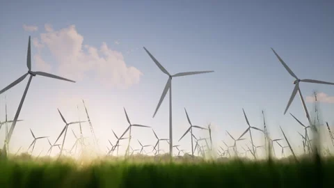 Wind generator grass dawn Electric farm Technology development windfarm ecology Stock Footage 163712201