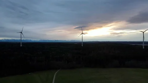 Wind generator, wind power plants, wind engines, Drone Aerial in 4k, Bavaria Video stock 168636538