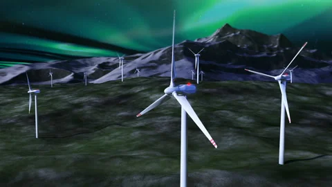 Wind generators against night sky with borealis Stock Footage 88243722