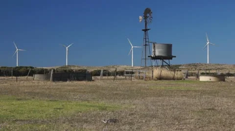 Wind generators and wind water pump in Australia Stock Footage 10795874