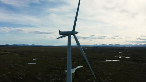 Wind generators in the arctic tundra. Norway, the island of Smola. Aerial view Stock Footage 115103908