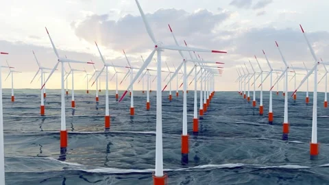 Wind generators of electricity are in the open ocean. Stock Footage 147979012