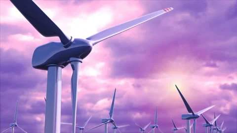 Wind generators farm against a purple sky loop Stock Footage 87975772