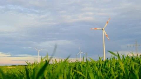 Wind generators in green grass.Renewable energy source.Green energy. Stock Footage 172584318
