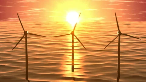 Wind generators in ocean on sunset seamless loop Stock Footage 88136319