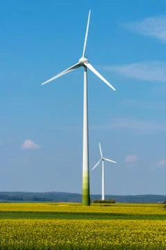 Wind generators in a rapeseed field Stock Photos