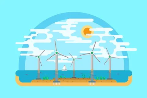 Wind generators sea Vector flat ground Stock Illustration