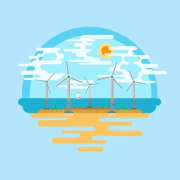 Wind generators sea Vector flat Stock Illustration