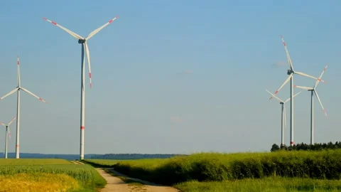 Wind generators set in a field. renewable clean energy. Ripe wheat and windmills Stock Footage 199742559