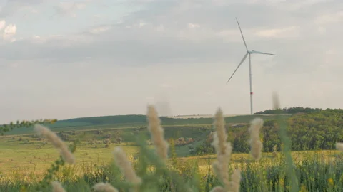 Wind generators on sunny day sliding through grass Stock-Footage 142280127