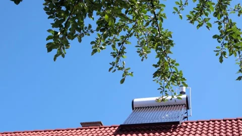 Wind gently moves the apple tree leaves, solar water heater on rooftop Stock Footage 136577112