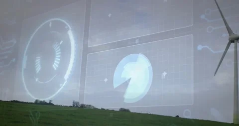 Wind gust activating HUD, pie cycling and meter rotating as turbine hub spinning Stock Footage 322204370