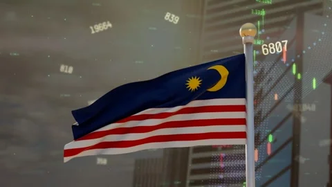 Wind gust starting Malaysian flag billowing while financial overlays forming, Stock Footage 338365797