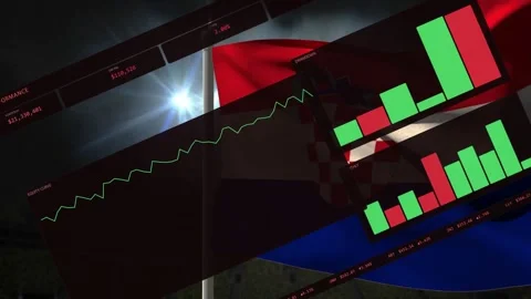 Wind gusting, data panels tilting while line rising and bars growing, flag Stock Footage 333230600