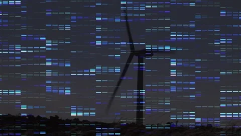 Wind gusts turning three bladed turbine blades while blue glitch bars drifting, Stock Footage 330379682
