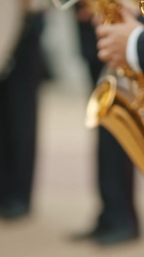 A wind instrument parade - men in dark costumes playing saxophone outdoors - Video stock 330556417
