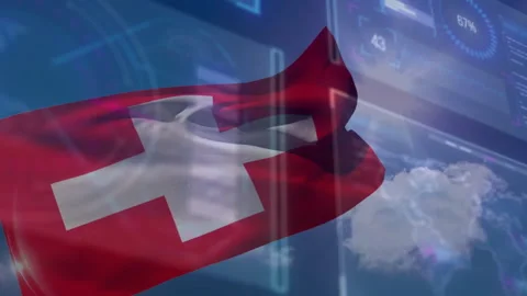 Wind intensifying Swiss flag fluttering, cross flexing, obscuring and revealing Stock Footage 310994684