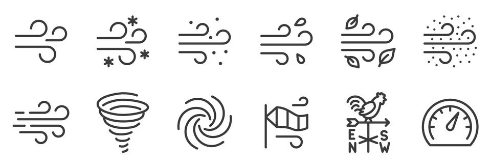 Wind line icon set. Airflow, tornado, snow, sand storm, whirlwind, windsock Illustrazione stock