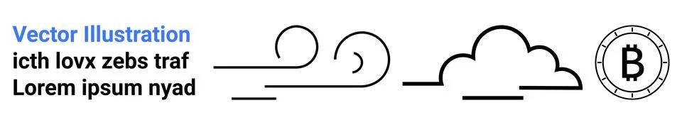 Wind lines, cloud shape, and Bitcoin symbol in fusion with text elements. Ide Stock Illustration