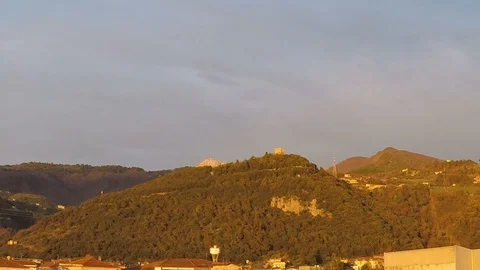 Wind makes trees move up a hill during sunset Stock Footage 125393288
