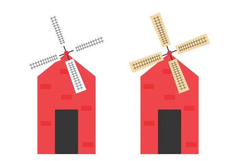 Wind mill buildings or windmill farm in flat style. Red, white and beige colors Ilustración de archivo