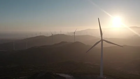 Wind mill farm Aerial view Windmill turbines electricity. Renewable green energy 動画素材 306338882