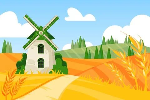 Wind mill farm. Wheat grain field. Village agriculture panorama. Flour grindi Stock Illustration