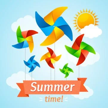 Wind Mill Hello Summer Concept Card. Vector Illustrazione stock
