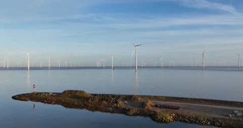 Wind mill park at the Afsluitdijk, The Netherlands. Windpark Friesland. Stock Footage 304026029