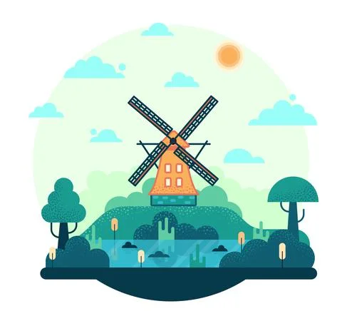 Wind mill by the river - vector cartoon illustration in flat cartoon stile Illustrazione stock