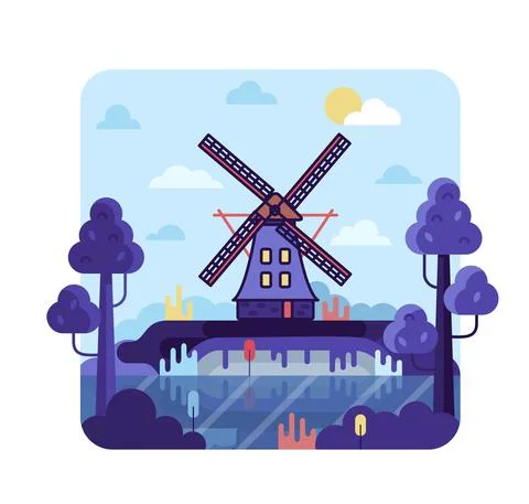 Wind mill by the river - vector cartoon illustration in flat stile Stock Illustration