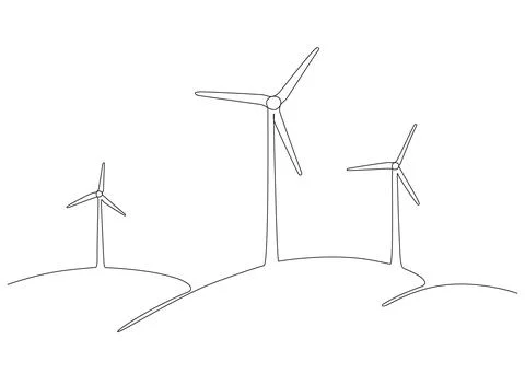 Wind mill, wind generator energy, single continuous line art drawing. Windmill Stock Illustration