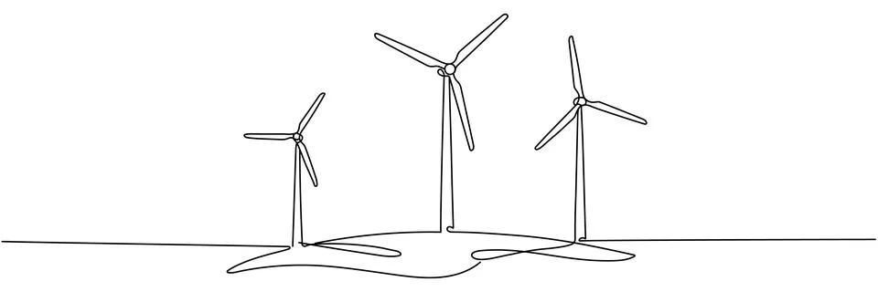 Wind mill, wind generator energy, single continuous line art drawing. Windm.. Stock Illustration