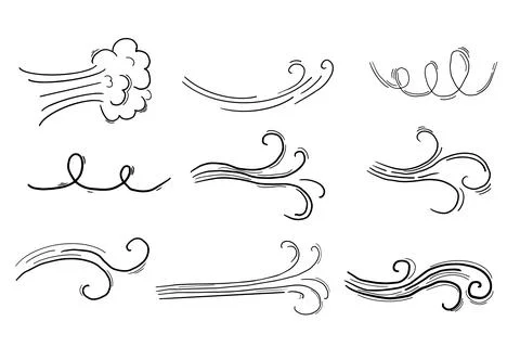 Wind motion doodle line swirl hand drawn steam weather blow isolated on white Stock Illustration