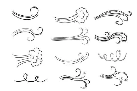 Wind motion doodle line swirl hand drawn steam weather blow isolated on white Stock Illustration